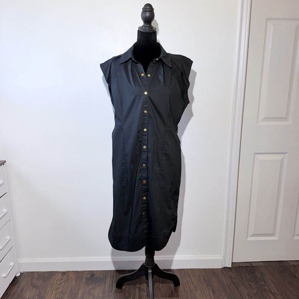 New York & Co Black Sleeveless Shirtdress Gold Buttons, Pockets, Stretch Size L
